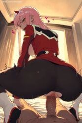 1boy 1girl ai_generated ass black_legwear breasts clothed_sex darling_in_the_franxx from_behind green_eyes hetero hi_res high_heels high_quality high_resolution horns long_hair looking_at_viewer looking_back makeup medium_breasts military military_uniform no_panties pantyhose patreon patreon_username penis pink_hair pussy seductive sex sexy solo_focus squatting torn_clothes uncensored uniform vaginal watermark white_hairband zero_two_(darling_in_the_franxx)