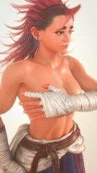 1girls 3d athletic_female blender brown_eyes capcom covering_breasts dark-skinned_female female filipino_female forsavide long_hair solo street_fighter street_fighter_6 topless two-tone_hair yasmine_(street_fighter)
