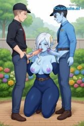 1girl ai_assisted ai_generated belt big_tits black_leather_jacket blowjob blue_skin city cock_out colored_skin cowboy_shot dappled_sunlight daylight dragon_ball evil_smile excited_face flowers garden hair_ornament hair_over_one_eye huge_tits jeans jiggling_tits long_hair on_knees penis pointy_ears ponytail purple_eyes sex source_anime spring sundress sunglasses teeth towa white_hair white_shirt