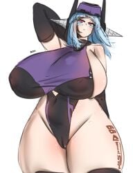 1girls android android_girl android_mk.99_(guardian_tales) arm_sleeves armwear artist_signature big_boobs big_breasts blue_hair boobjob breasts elbow_gloves eyelashes facial_markings female guardian_tales helmet huge_boobs huge_breasts legwear leotard lettuce13_(artist) magenta_eyes mk.99_(guardian_tales) pink_eyes pussy_bulge simple_background skindentation stockings tattoo thick_thighs thighs white_skin