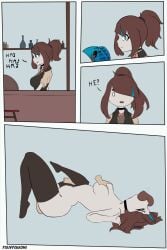 1girls 2boys 2d barmaid blowjob blue_hair breasts brown_hair bulge choker comic deepthroat face_fucking fucking grabbing grabbing_breasts group_sex leg_grab leg_up original original_character pekkomi penetration sex silly stockings tagme ticket video