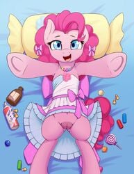 blue_eyes candy clitoris clothed clothing clothing_lift dress dress_lift earth_pony equine eyelashes fearingfun female feral food friendship_is_magic happy hi_res hooves horse lollipop looking_at_viewer lying mammal my_little_pony no_underwear on_back open_mouth pinkie_pie_(mlp) pony pussy smile solo