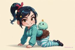 1girl ai_assisted ai_generated ass big_ass big_breasts big_butt big_tits black_hair brown_eyes brown_skirt busty chibi colorful curvy cute cute_pose dynamic_pose fat_ass full_body green_hoodie hair_ornament hair_pull hands_on_hips huge_ass huge_breasts large_ass large_breasts looking_at_viewer massive_breasts narrow_waist nipples nude ponytail simple_background sky slim_waist smile striped_pantyhose thick_ass thick_thighs vanellope_von_schweetz wide_hips