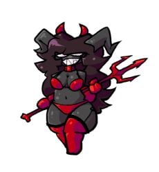 black_hair black_skin demon demon_girl demon_horns holding_object long_hair red_armwear red_bra red_collar red_horns red_panties red_thighhighs sharp_teeth the_binding_of_isaac the_siren_(the_binding_of_isaac) trident white_eyes