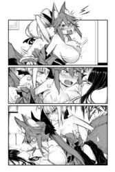 3girls animal_ears bed blush breasts closed_eyes fate/grand_order fate_(series) female female_only fox_ears fox_girl fox_tail green_eyes hakuno_kishinami huge_breasts kemonomimi monochrome multiple_girls naked nero_claudius_(fate) nude ponytail sleeping tamamo_no_mae_(fate) tribadism yellow_eyes yuri yuriwhale