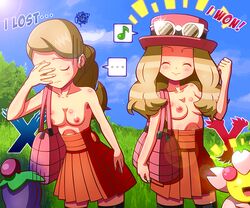 ... 2girls alternate_hairstyle blonde_hair blue_eyes breasts facepalm flower human human_only multiple_girls nintendo nipples pokemon pokemon_dppt pokemon_xy rorretsim serena_(pokemon) serena_(pokemon_games) topless