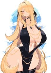 1girls breasts cynthia_(pokemon) female female_focus female_only large_breasts light-skinned_female light_skin looking_at_viewer nintendo pokemon solo thick_thighs thighs usa37107692 wide_hips