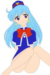 2018 absurdres anus ass bangs blue_footwear blue_hair bottomless bow breasts dress earrings female gloves hand_up hat highres hips human jewelry legs legs_crossed long_hair looking_to_the_side medium_breasts miniskirt no_panties open_mouth photoshop purple_eyes red_bow shoes short_dress short_sleeves simple_background sitting skirt smile solo stewardess tenjouin_katsura thighs vagina vector_trace white_background white_gloves yat_anshin_uchuu_ryokou