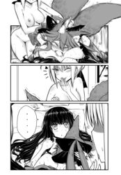 3girls animal_ears bed blush breasts closed_eyes fate/grand_order fate_(series) female female_only fox_ears fox_girl fox_tail green_eyes hakuno_kishinami huge_breasts kemonomimi long_hair monochrome multiple_girls naked nero_claudius_(fate) nude one_eye_closed ponytail pout speech_bubble tamamo_no_mae_(fate) tribadism yellow_eyes yuri yuriwhale