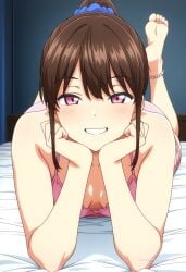 1girl ai_assisted ai_generated anime_screencap anklet bare_shoulders barefeet bedroom brown_hair cleavage curvy_body detailed_feet eyes_half_closed feet_up grin looking_at_viewer narrow_waist official_style petite pink_eyes ponytail prone_position round_ass scrunchie small_breasts soft_breasts the_pose tired wide_hips