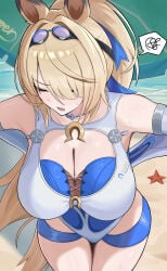 1girl absurdres animal_ears beach blonde_hair breasts cleavage commentary_request highres horse_ears horse_girl horse_tail large_breasts long_hair official_alternate_costume ouichi pink_hair sigrid_de_l'azur spoken_squiggle squiggle starfish tail thighs two-tone_one-piece_swimsuit very_long_hair zenless_zone_zero