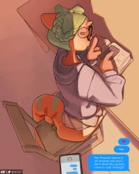 4:5 absurd_res anal anal_penetration anthro book buttplug buttplug_in_ass buttplug_insertion chameleon clothing english_text female female_anthro fiji_(lightningwolt) genitals green_hair hair hi_res hoodie lightningwolt lizard object_in_ass open_book orange_body orange_scales penetration plug_(sex_toy) plug_insertion reading reading_book reptile scales scalie sex_toy sex_toy_in_ass sex_toy_insertion solo tail text text_message thick_tail topwear vulva