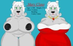 absurd_res big_breasts black_nipples bottom_lip breasts christmas chubby cleavage clothed female green_eyes hi_res holidays huge_breasts jewelry klr-rio mammal model_sheet mrs._claus navel necklace nipples nude old polar_bear pussy santa_claus simple_background solo thick_thighs ursine wide_hips