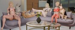3dogs 3girls barbie_(franchise) barbie_(margot_robbie) big_ass big_breasts bikini blonde_female blonde_hair canine canine_penis deevoxross domestic_dog female_on_feral feral feral_on_female foot_fetish footjob german_shepherd golden_retriever group group_masturbation handjob knot knotted_penis labrador lingerie margot_robbie orgy sydney_sweeney taylor_swift