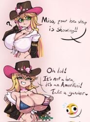 1girls american_flag american_flag_bikini big_breasts blonde_hair bra_strap_is_showing_(meme) breasts cleavage cowboy_hat cowgirl_(western) english english_text green_eyes hat huge_breasts indie_virtual_youtuber joeydrawss lulu_lasso meme meme_reference showing_breasts smile smiling sweat teeth virtual_youtuber