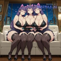 2girls ai_assisted ai_generated bedroom black_heels black_lingerie black_thighhighs blush curvaceous_body curvaceous_hips curvaceous_thighs curvy detailed_face floating_hearts from_below hair_bow half_closed_eyes handheld_game_console heart_shaped_pupils heart_symbol high_quality hourglass_body huge_breasts huge_hips huge_thighs lace_panties lace_thighhighs large_breasts large_thighs looking_at_viewer massive_thighs night parted_lips perfect_body pov purple_hair seductive_eyes shiny_skin sitting skirt sofa the_simpsons thick_hips thick_legs thick_thighs thighs thighs_bigger_than_head twins voluptuous wide_hips window