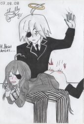 1boy 1girl ahoge alela_grora angel angel_boy angel_girl artist_request ass black_boots black_suit boots closed_eyes colored_skin english_text eyepatch funamusea gloves grey_eyes grey_hair grey_jacket grey_pants halo long_hair low_twintails open_mouth pants short_hair signature spank_marks spanked spanking suit text the_gray_garden traditional_art traditional_media traditional_media_(artwork) vertical-striped_pants white_hair white_skin wodahs