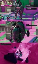 1girl 3d after_battle after_vore anal_vore anglerfish ass ass_bigger_than_head ass_focus belly belly_bulge big_ass big_belly blender clothing curvy editorphil english_text giantess gray_skin inside_stomach luria outside smile splatoon_2 spread_legs squid standing thick_thighs vore wide_hips