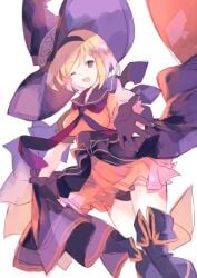 1girls alternate_color black_panties black_thighhighs black_underwear blonde blonde-haired_female blonde_female blonde_hair blush brown_eyes cleavage djeeta_(granblue_fantasy) female granblue_fantasy official_alternate_costume one_eye_closed panties pantyshot pantyshot_(standing) short_hair thighhighs underwear witch_hat