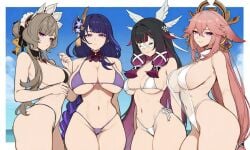 4girls ai_generated beach big_breasts bikini columbina_(genshin_impact) curvy curvy_body curvy_female curvy_figure female female_only genshin_impact hoyoverse huge_breasts large_breasts light-skinned_female light_skin long_hair looking_at_viewer mature_female medium_breasts micro_bikini mihoyo raiden_shogun sandrone_(genshin_impact) seductive seductive_look shiny shiny_skin short_hair small_breasts solo solo_female yae_miko