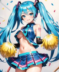 1girls ai_generated big_breasts breasts busty cheerleader cheerleader_uniform female female_only green_eyes green_hair hatsune_miku large_breasts legs midriff navel skirt slave_handles smile solo thighs transgender_pride_colors twintails underboob vocaloid