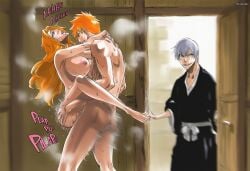 1boy 2girls accurate_art_style ai_generated anime_coloring bleach bleach:_the_thousand-year_blood_war caught caught_in_the_act completely_nude completely_nude_female cuckquean curvy ichimaru_gin implied_sex indoors kurosaki_ichigo large_breasts long_hair matsumoto_rangiku mature_female netorare nipples ntr sex stickyai walk-in walked_in_on
