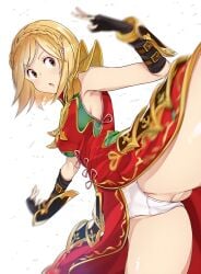 1girls amami_amayu blonde blonde-haired_female blonde_female blonde_hair brown_eyes chinese_clothes chinese_dress cleavage commentary_request djeeta_(granblue_fantasy) dress female granblue_fantasy kicking official_alternate_costume panties pantyshot pantyshot_(kicking) qipao red_dress short_hair underwear white_panties white_underwear