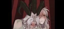 black_sclera from_behind horns lol offscreen_sex out_of_frame pierrot_(the_freak_circus) rule_63 selfcest silver_hair tagme the_freak_circus video yellow_eyes