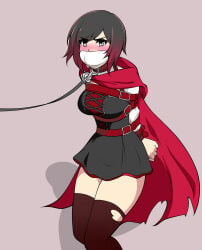 1girls bdsm bdsm_gear belt belt_bondage blush blushing bondage bondage_gear bound bound_and_gagged bound_arms bound_hands bound_torso bound_wrists collar collared female female_only gag gagged gagged_female leash mouth_gag red_hair ruby_rose rwby silver_eyes stuffed_mouth_gag tape tape_gag taped_mouth