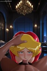 1boy 1girl ai_generated blonde_hair blue_eyes blush bodysuit breasts clover_(totally_spies) fellatio hand_on_another's_head hetero hi_res high_quality high_resolution indoors lips lipstick makeup nipples oral patreon patreon_username penis pov seductive sexy solo_focus spicytoonai tongue totally_spies uncensored watermark web_address
