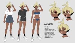 big_breasts black_hair blonde_hair breasts character_profile character_sheet choker closed_mouth crying dark-skinned_female dark_skin expressions large_breasts lore oc open_mouth orange_eyes original original_character original_characters saki_(sambalteracy) sambalteracy school_uniform schoolgirl serious serious_face serious_look shoes simple_background smile sports_bra sportswear tomboy two-tone_hair