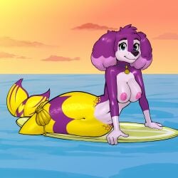 1:1 4_fingers anthro aquatic breasts canid canine canis diacordst domestic_dog female fingers genitals hi_res jewelry lying mamamerpup_(paw_patrol) mammal merfolk merpup navel necklace necklace_only nipples nude paw_patrol sea solo split_form surfboard vulva water
