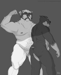2018 5_fingers animal_genitalia anthro anthro_on_anthro ass börje_(r4gequit) bulldog canine crotch_grab duo flaccid flexing genital_piercing grey_background greyscale grope hi_res lotte_(r4gequit) male mammal monochrome nipple_piercing nipples nude penis penis_piercing piercing repzzmonster sheath signature simple_background spaniel standing url yaoi