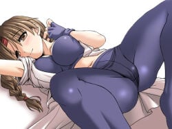 1girl big_breasts brown_eyes brown_hair huge_breasts king_of_fighters light-skinned_female light_skin on_back pale-skinned_female pale_skin see-through see-through_clothes smiley_face smiling tongpoo tonpuu underwear undressing yuri_sakazaki