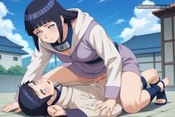 1girl ai_assisted ai_generated blue_sky cloudy_sky cowgirl_position cum forehead_protector full_body futanari hinata hood konohagakure_symbol little_penis long_sleeves mother_and_daughter naruto_shippuden no_pupils outdoors peace_sign projectile_cum sex size_difference small_penis white_eyes