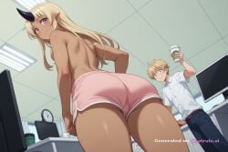 1boy 1girl ai_assisted ai_generated blonde_hair coffee_cup computer_screen curvy_body dark_skin dutch_angle femboy focus from_below horns hug hugging_from_behind looking_at_viewer looking_back monster_girl monster_musume narrow_waist nervous_expression nervous_smile penis_bulge pink_eyes pointy_ears single_horn smile solo source_anime standing tall_female tight_shorts tionishia topless view_from_below wide_hips
