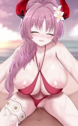 1boy 1girls animated bikini blue_archive breasts censored closed_eyes collarbone cowgirl_position female flower garter_straps hair_flower hair_ornament halo highres horns huge_breasts large_areolae long_hair male mole mole_on_breast mosaic_censoring mumu_(mumunyan) nipples official_alternate_costume open_mouth pink_hair red_bikini red_eyes red_halo red_horns satsuki_(blue_archive) satsuki_(swimsuit)_(blue_archive) smile solo straddling straight straight-on swimsuit tagme video white_flower