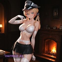 1girl 2d 4k 8k ai_assisted ai_generated alluring anime_style aqua_eyes athletic attractive bare_midriff beautiful bedroom_setting big_booty blonde_hair blush breasts cinematic_lighting clean_lineart cleavage close_up collarbone confident dark dark_lighting defined_jawline depth_of_field detailed_background detailed_face detailed_skin digital_illustration dim_lighting elegant erotic eye_makeup kantai_collection long_hair low_twintails prinz_eugen_(kantai_collection)
