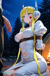 1girl absurdly_long_hair ai_assisted ai_generated anime_screencap bangs blonde_hair blood_splatter blue_eyes blunt_bangs campsite close_up firelight flaccid_penis frowning high_quality juliet_sleeves kneeling long_sidelocks long_sleeves looking_at_penis night outside short_hair upper_body white_dress white_robe