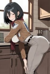 1girl ai_generated ass attack_on_titan belt bent_over black_eyes black_hair blush breasts brown_jacket emblem hair_between_eyes half-closed_eyes hi_res high_quality high_resolution indoors jacket large_breasts lips long_sleeves looking_at_viewer looking_back mikasa_ackerman pants pantylines paradis_military_uniform parted_lips patreon red_scarf scarf seductive sexy short_hair smile solo teeth uncensored watermark