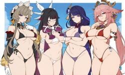 4girls ai_generated beach big_breasts bikini columbina_(genshin_impact) curvy curvy_body curvy_female curvy_figure female female_only genshin_impact hoyoverse huge_breasts large_breasts light-skinned_female light_skin long_hair looking_at_viewer mature_female medium_breasts micro_bikini mihoyo raiden_shogun sandrone_(genshin_impact) seductive seductive_look shiny shiny_skin short_hair small_breasts solo solo_female yae_miko