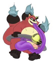 anthro balls canine fire hi_res humanoid_hands humanoid_penis hyper hyper_tongue leaf level-5 licking long_tongue looking_at_viewer male male_only mammal multi_tail oral overweight overweight_male pdxyz penis penis_lick sex solo tanuki teastroyer tongue tongue_out video_games yo-kai_watch