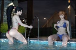 3d 3d_render bikini black_hair blender breasts brown_eyes dark_hair dead_or_alive hellfish imminent_sex inviting_to_sex kasumi_(doa) momiji_(ninja_gaiden) night ninja_gaiden nipples outdoors outside pool poolside pulling_clothing revealing_breasts self_upload