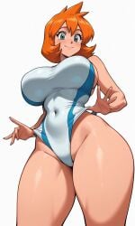 1girl ai_generated aqua_eyes bangs bare_shoulders blue_eyes blue_one-piece_swimsuit blue_swimsuit blush breasts busty closed_mouth clothes_pull clothing competition_swimsuit covered_navel curvaceous female female_only green_eyes groin hair_between_eyes highleg highleg_swimsuit huge_breasts impossible_clothes impossible_swimsuit kasumi_(pokemon) large_breasts lifted_by_self looking_at_viewer looking_down misty_(pokemon_hgss) multicolored multicolored_clothes multicolored_swimsuit navel one-piece_swimsuit one-piece_swimsuit_pull orange_hair pokemon shiny_skin short_hair sideboob smile solo sportswear standing swimsuit swimsuit_pull tank_suit taut_clothes thick_thighs thighs two-tone_swimsuit white_one-piece_swimsuit white_swimsuit wide_hips