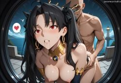 1boy 1girl ai_generated armlet asymmetrical_sleeves bald bangs bent_over black_hair black_ribbon blush breasts clenched_teeth clothing collarbone detached_sleeves doggystyle drooling earrings fate/grand_order fate_(series) female gloves hair_ornament hair_ribbon hanging_breasts hetero hoop_earrings ishtar_(fate) ishtar_(fate/grand_order) jewelry jousneystudio lighthouse long_hair male medium_breasts neck_ring nipples nude ocean parted_bangs red_eyes ribbon saliva sex sex_from_behind single_detached_sleeve sky solo_focus spoken_heart sweat taken_from_behind teeth tiara torso_grab twintails two_side_up uneven_sleeves