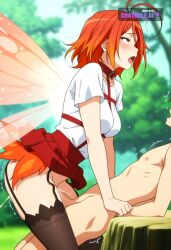 1girl ai_assisted ai_generated anime_screencap antenna_hair cock_in_pussy collar cowgirl creampie embarrassed fairy_wings harness inside leaning_forward medium_hair moaning multicolored_hair orange_hair outside parted_bangs pussy_sex red_eyes red_hair rolling_eyes saliva shaking side_view skirt stockings tree white_shirt