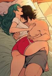 1boy 1girl ai_generated aqua_hair ass barefoot bed black_hair blush boxers breasts closed_eyes clothing couple cuddling dolphin_shorts female green_hair hetero hug kiriko_(overwatch) kiss kissing_neck leg_between_thighs long_hair lying male manly muscular muscular_male on_bed on_side open_mouth overwatch pillow red_shorts shirt short_shorts shorts t-shirt thick_thighs thighs topless_male underwear white_shirt