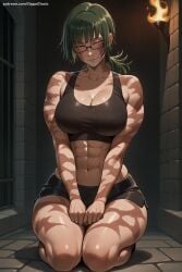 1girl abs ai_generated breasts cleavage closed_eyes closed_mouth dark_skin glasses green_hair hi_res high_quality high_resolution jujutsu_kaisen large_breasts muscle muscular_female navel patreon seductive seiza sexy shorts sitting smile solo tan uncensored watermark zenin_maki