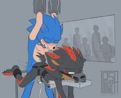 2boys anal anal_sex anthro anthro_on_anthro arms_up black_and_red_fur blue_fur bound bound_arms closed_eyes crowd crowd_watching doggy_style eyes_closed forced forced_sex fur furry furry_male furry_only gay gay_sex hedgehog indoors looking_at_another losttimpactt lying_on_stomach male male/male male_only mammal mature mature_male muzzle muzzle_gag nude penis penis_in_anus sega sex shadow_the_hedgehog sonic_(series) sonic_the_hedgehog sonic_the_hedgehog_(series) tail window yaoi