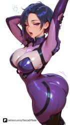 1girl ai_generated arms_up artist_name ass black_hair blizzard_entertainment blue_hair bodysuit breasts d.mon large_breasts looking_at_viewer one_eye_closed open_mouth overwatch overwatch_2 overwatch_league patreon pilot_suit plugsuit purple_eyes senpai_pixels sensitive short_hair simple_background skin_tight solo stretching twisted_torso white_background yawning